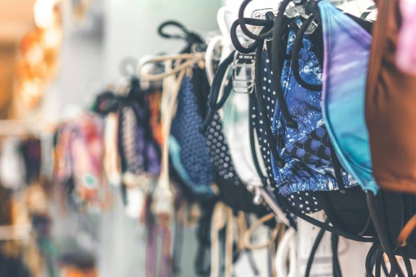 beach wear on a shopping rack